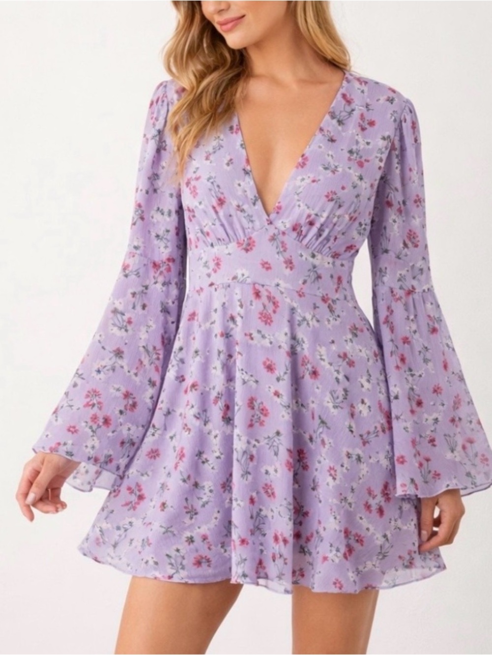 Double Crazy Boho Floral Dress M Purple V-Neck Bell Sleeve Flowy Mini Dress